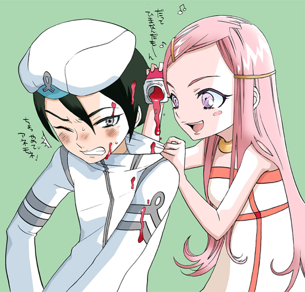mozuya murasaki, anemone (eureka seven), dominic sorel, eureka seven, eureka seven (series), 00s, 1boy, 1girl, hair ornament, hairclip, hat, jam, long hair, pink hair