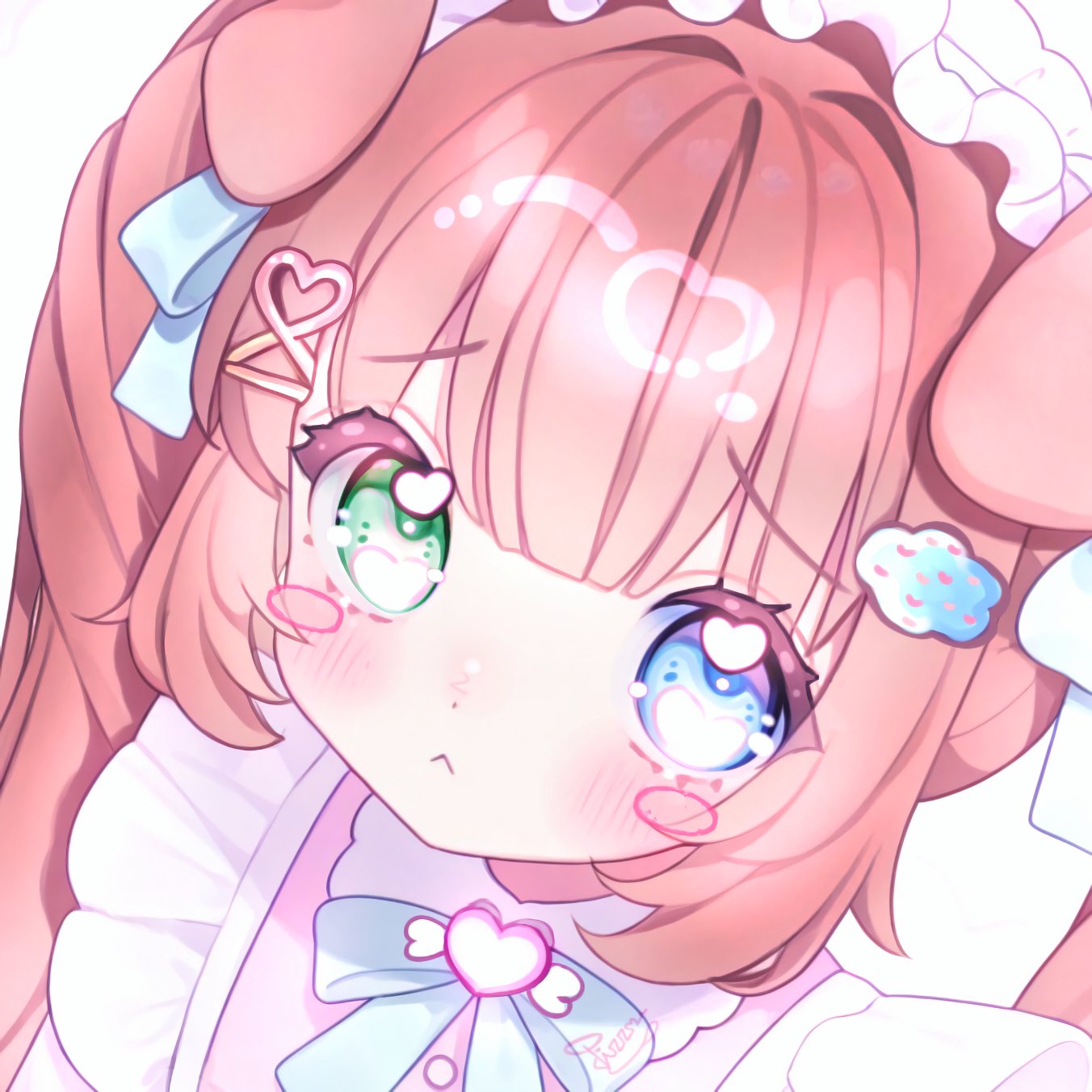 dissociatedcat, original, commentary, english commentary, highres, 1girl, :<, animal ears, blue eyes, blue ribbon, blush, blush stickers, closed mouth, dog ears, dog girl, green eyes, hair ornament, hair ribbon, heart, heart in eye, heterochromia, looking at viewer, portrait, raised inner eyebrows, ribbon, simple background, solo, symbol in eye, white background