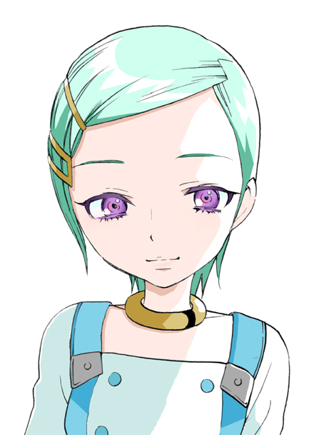 mozuya murasaki, eureka (eureka seven), eureka seven, eureka seven (series), 00s, 1girl, aqua hair, collar, female focus, forehead, hair ornament, hairclip, purple eyes, short hair, simple background, smile, solo