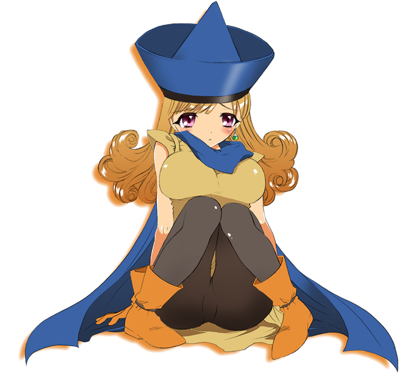mozuya murasaki, alena (dq4), chunsoft, dragon quest, dragon quest iv, enix, 1girl, blush, breasts, brown hair, cape, curly hair, female focus, full body, hat, large breasts, long hair, pantyhose, purple eyes, sitting, skirt, solo, yellow skirt
