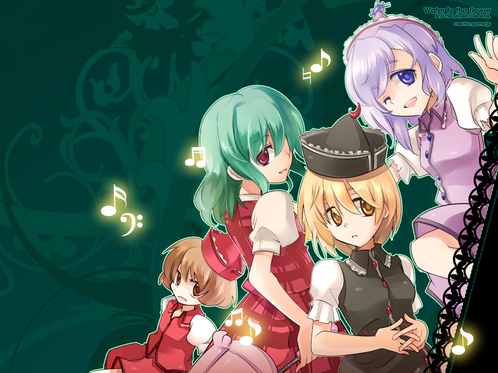 inuinui, kazami yuuka, lunasa prismriver, lyrica prismriver, merlin prismriver, touhou, light purple hair, highres, 4girls, blonde hair, brown eyes, brown hair, english text, engrish text, female focus, green hair, hair over one eye, hat, looking back, multiple girls, musical note, one eye closed, open mouth, own hands clasped, own hands together, parted lips, plaid clothes, plaid skirt, plaid vest, purple eyes, ranguage, red eyes, salute, short hair, skirt, skirt set, smile, umbrella, vest, yellow eyes