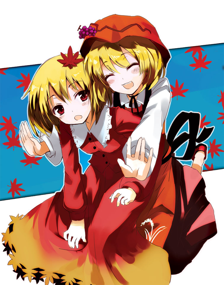 gotyou, aki minoriko, aki shizuha, touhou, 2girls, blonde hair, female focus, hair ornament, hat, leaf, leaf hair ornament, multiple girls, red eyes, short hair, siblings, sisters