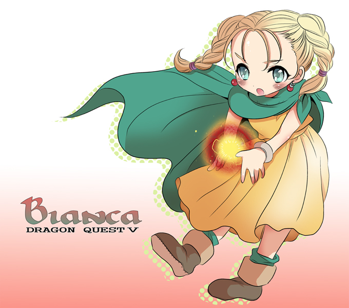 mozuya murasaki, bianca (dq5), dragon quest, dragon quest v, aged down, blonde hair, blush, braid, cape, child, full body, magic, solo, twin braids