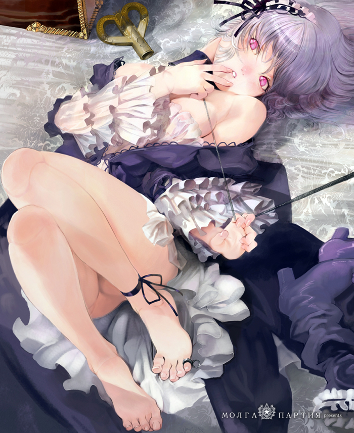 moruga, suigintou, rozen maiden, silver hair, 00s, 1girl, ankle ribbon, bare shoulders, barefoot, bow, breasts, doll joints, dress, feet, female focus, frills, gothic lolita, hairband, jewelry, joints, leg ribbon, legs, lolita fashion, long hair, lying, off shoulder, on back, parted lips, pink eyes, ribbon, ring, solo, toe ring, toes