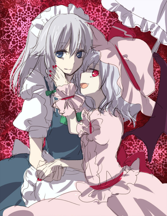 machiko (beard), izayoi sakuya, remilia scarlet, touhou, silver hair, 2girls, :d, apron, blue dress, blue eyes, dress, female focus, hug, looking at viewer, maid headdress, multiple girls, open mouth, puffy short sleeves, puffy sleeves, red eyes, short sleeves, sketch, smile, umbrella, waist apron, yuri