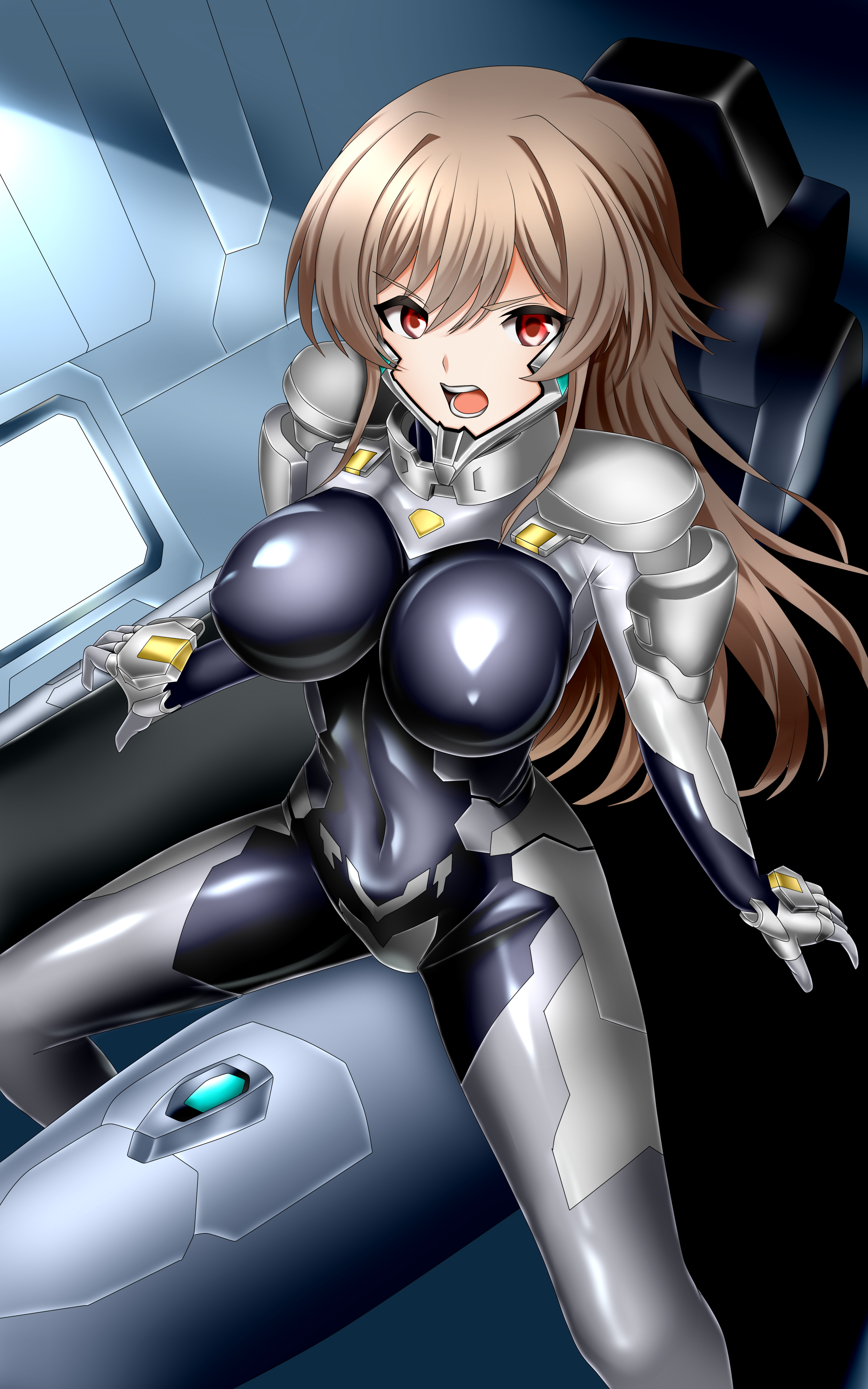 cyborg-institute, furen e lustario, muv-luv, muv-luv alternative, nijisanji, absurdres, highres, 1girl, armored bodysuit, black bodysuit, bodysuit, breasts, brown hair, cockpit, covered navel, fortified suit, grey bodysuit, headgear, impossible bodysuit, impossible clothes, large breasts, looking at viewer, mecha pilot suit, multicolored bodysuit, open mouth, red eyes, shiny clothes, skin tight, solo, virtual youtuber