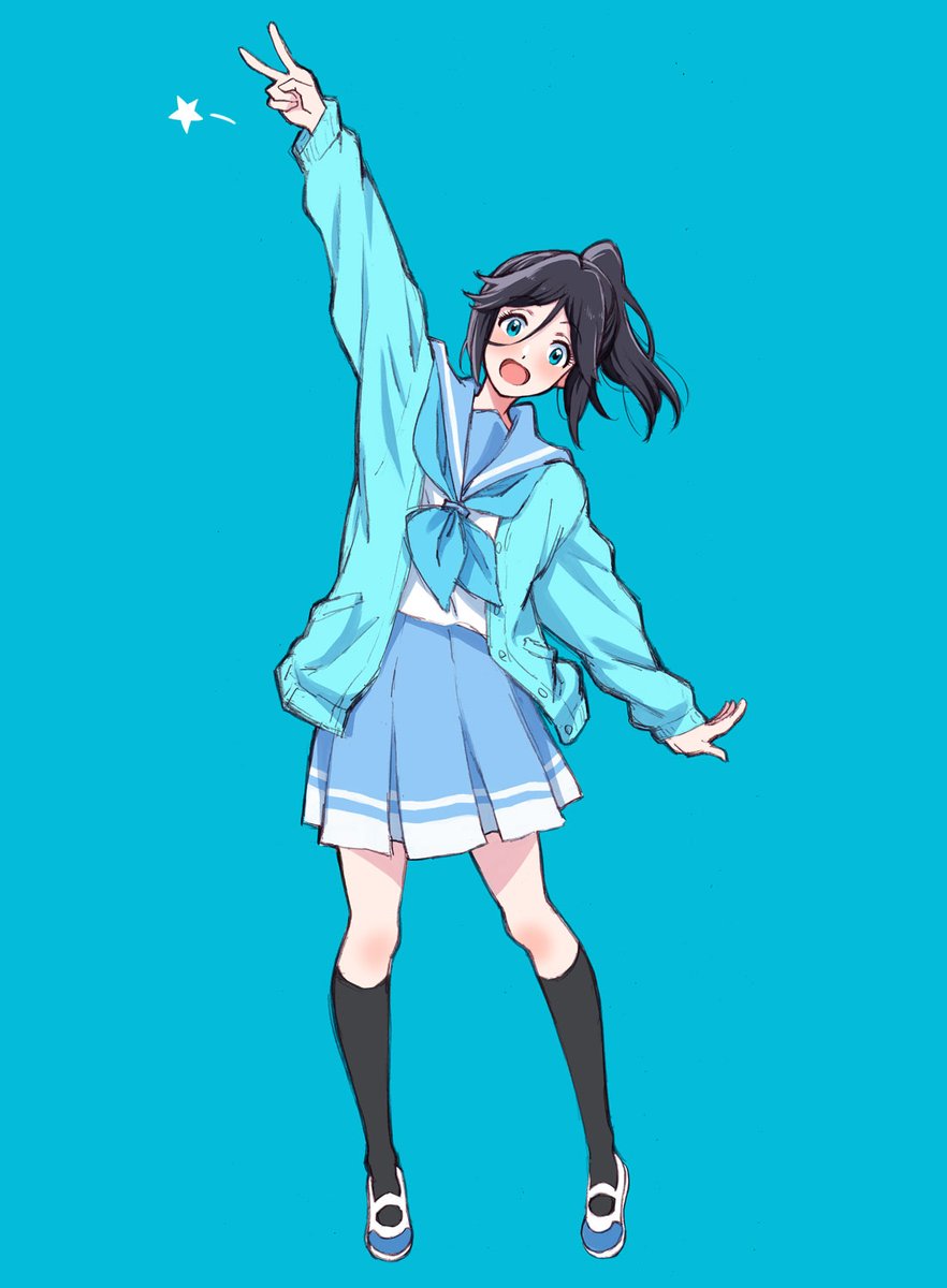 kotomozou, kasaki nozomi, hibike! euphonium, highres, 1girl, black hair, black socks, blue background, blue cardigan, blue eyes, blue neckerchief, blue sailor collar, blue skirt, blush, cardigan, kitauji high school uniform, kneehighs, long hair, long sleeves, looking at viewer, neckerchief, open cardigan, open clothes, open mouth, pleated skirt, ponytail, sailor collar, school uniform, serafuku, shirt, shoes, simple background, skirt, smile, socks, solo, star (symbol), v, white shirt
