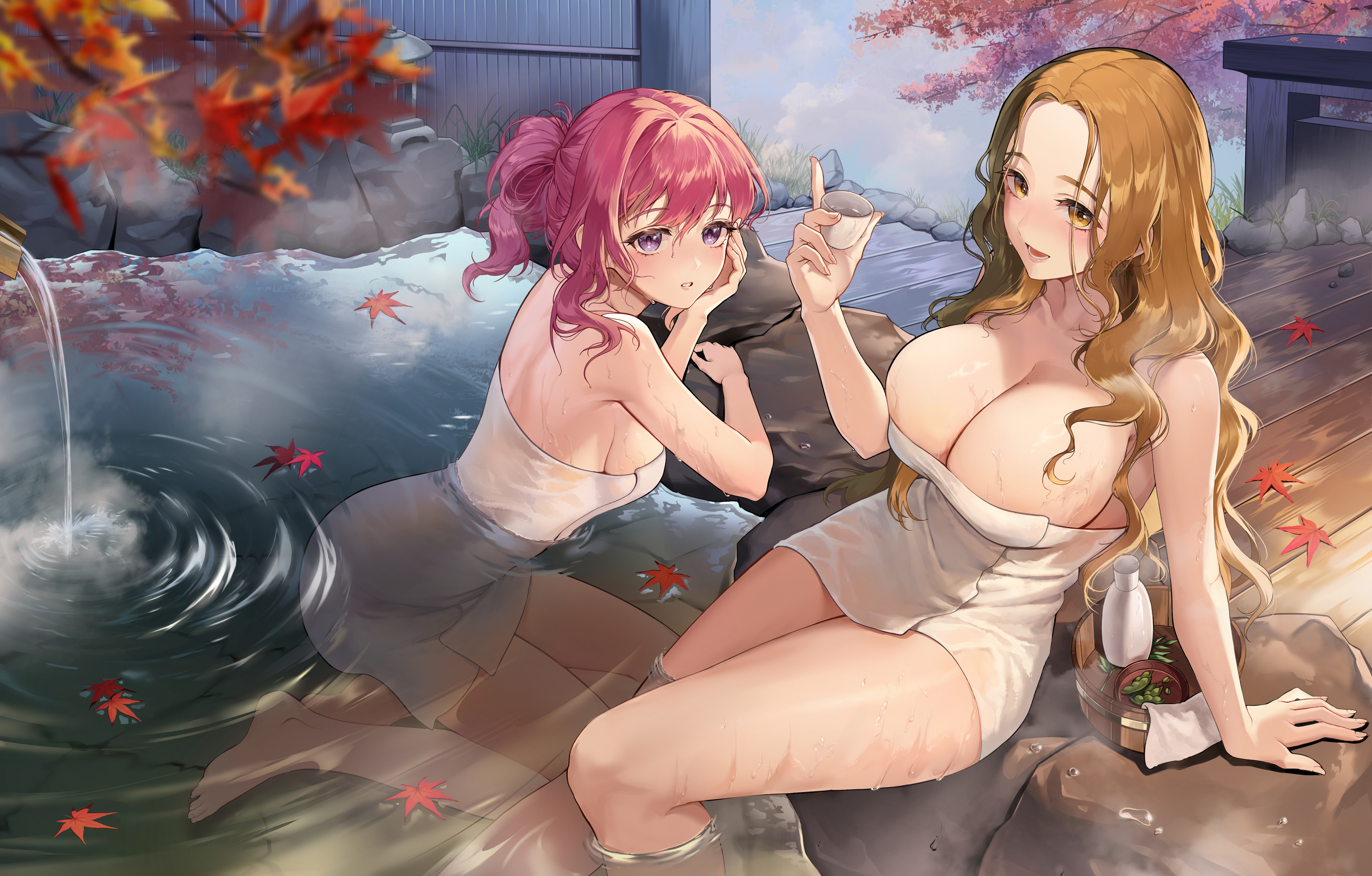 ssong990, original, 2girls, arm support, autumn, autumn leaves, bottle, breasts, brown eyes, brown hair, bucket, choko (cup), cleavage, cup, feet out of frame, forehead, hair bun, hand up, head on hand, holding, holding cup, huge breasts, large breasts, leaf, leaf on liquid, leaning forward, leaning to the side, long hair, looking at viewer, looking to the side, lower teeth only, multiple girls, naked towel, onsen, open mouth, open overalls, parted bangs, partially submerged, pink hair, ponytail, purple eyes, ripples, rock, sake bottle, sidelocks, sideways glance, sitting, smile, soaking feet, swept bangs, teeth, towel, tree, water, wavy hair, wet, wooden bucket, wooden floor, yokozuwari