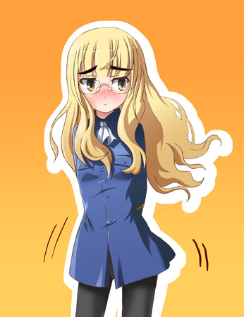 perrine h. clostermann, strike witches, world witches series, eyebrows, uniform, bad id, bad pixiv id, lowres, 00s, 1girl, blonde hair, blush, embarrassed, female focus, glasses, long hair, pantyhose, solo, tsundere, yellow eyes