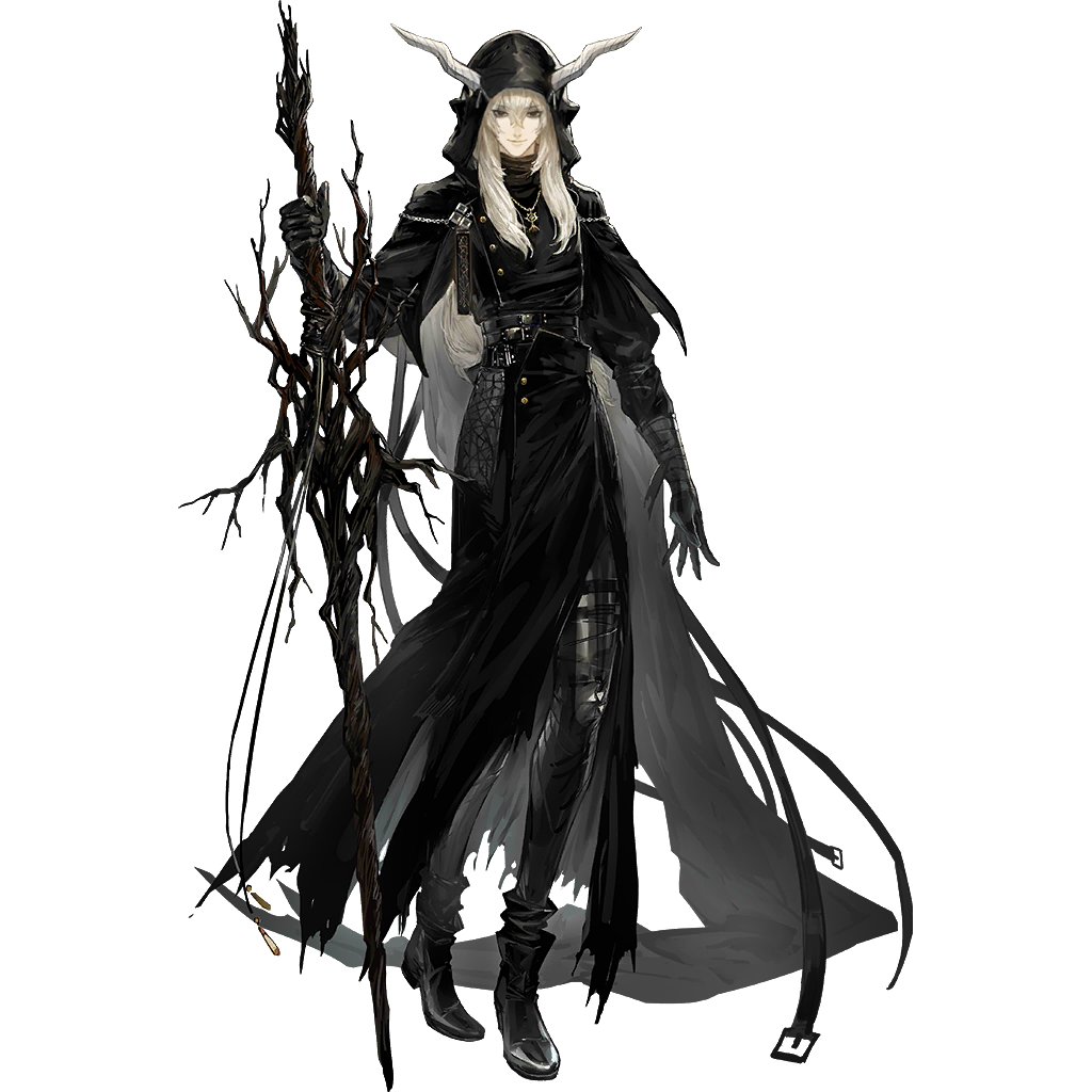 ryuuzaki ichi, confessarius (arknights), arknights, official art, third-party source, 1boy, black boots, black capelet, black gloves, black robe, black theme, boots, capelet, closed mouth, demon horns, full body, gloves, grey hair, hair between eyes, holding, holding weapon, hood, hooded capelet, horns, jewelry, long hair, long sleeves, looking at viewer, male focus, pendant, robe, simple background, smile, solo, standing, tachi-e, transparent background, weapon, white hair