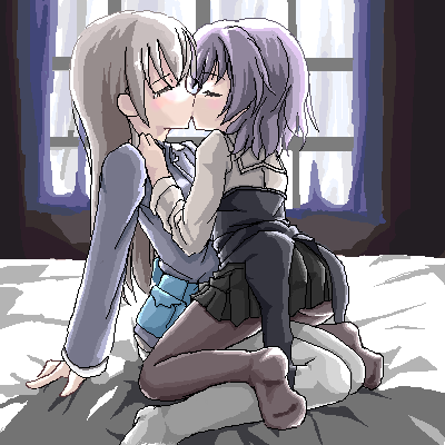 narisakach, eila ilmatar juutilainen, sanya v. litvyak, strike witches, world witches series, silver hair, uniform, bad id, bad pixiv id, lowres, 00s, 2girls, bed, black pantyhose, blonde hair, blush, couple, kiss, long hair, multiple girls, oekaki, pantyhose, short hair, skirt, white pantyhose, window, yuri