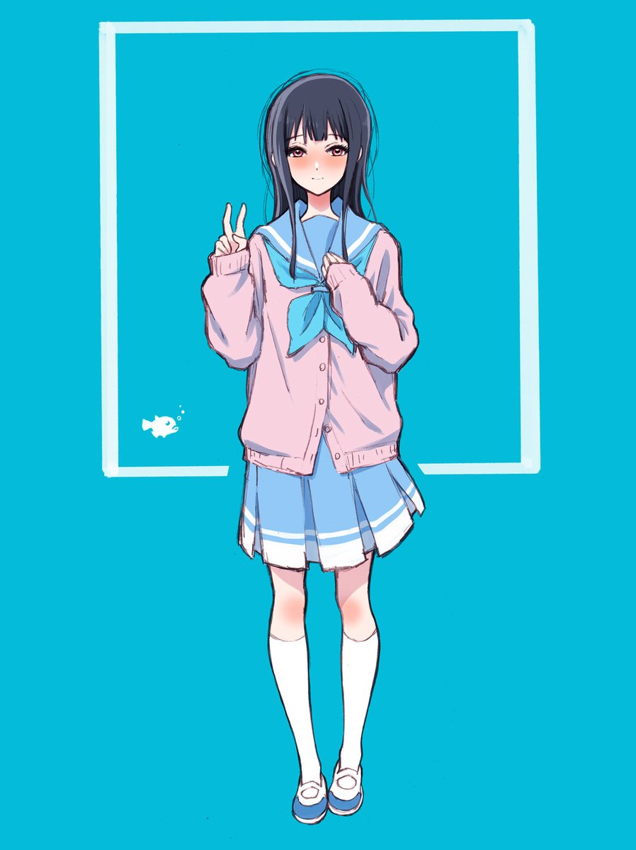 kotomozou, yoroizuka mizore, hibike! euphonium, highres, 1girl, black hair, blue hair, blue neckerchief, blue sailor collar, blue skirt, blush, cardigan, closed mouth, fish, kitauji high school uniform, kneehighs, long hair, long sleeves, looking at viewer, neckerchief, pink cardigan, pleated skirt, red eyes, sailor collar, school uniform, serafuku, shirt, shoes, simple background, skirt, smile, socks, solo, v, white socks