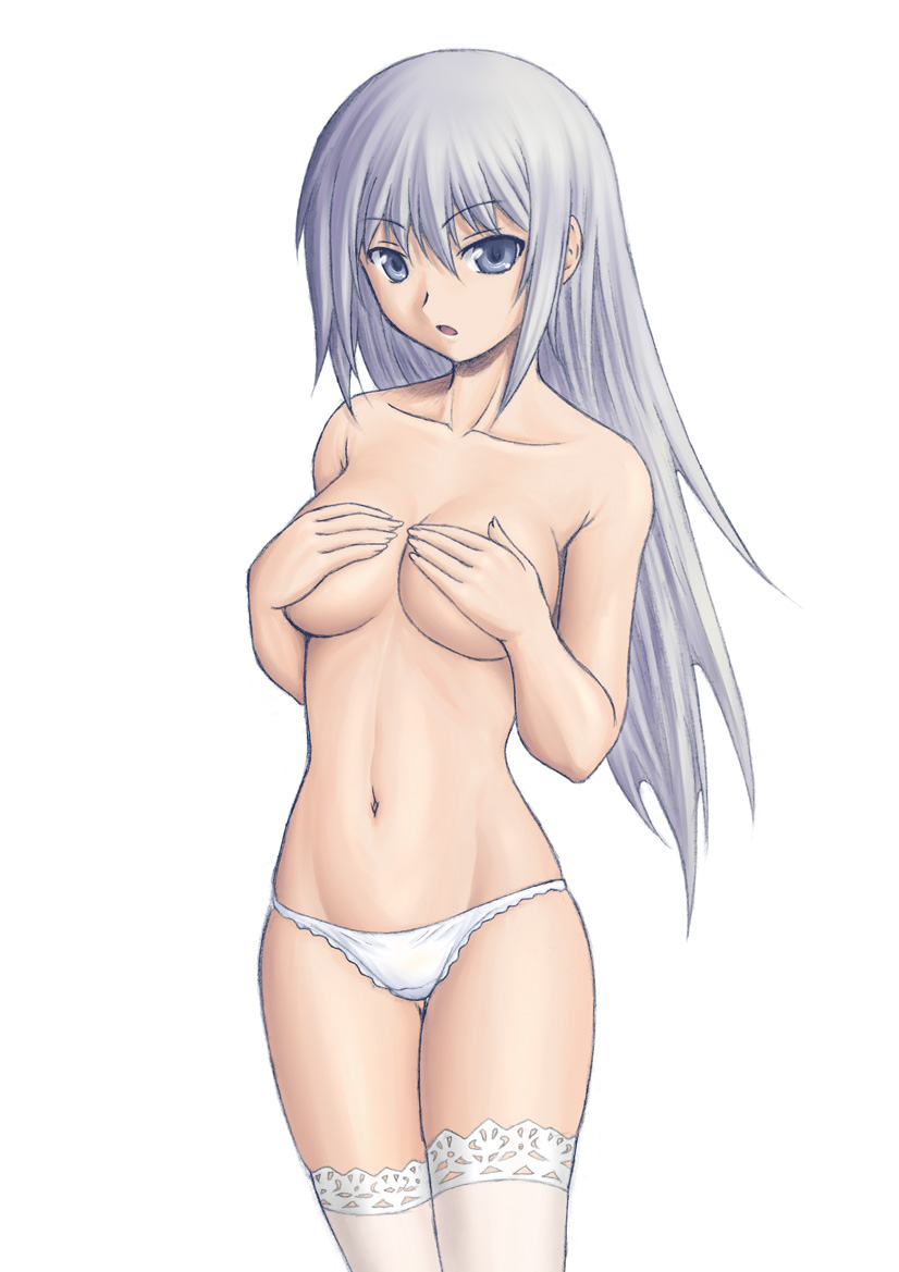 210ten, ten (pixiv192340), original, breast hold, silver hair, 1girl, blue eyes, blue hair, breasts, covering breasts, covering privates, female focus, long hair, looking at viewer, matching hair/eyes, medium breasts, navel, panties, simple background, solo, thighhighs, topless female, underwear, white thighhighs