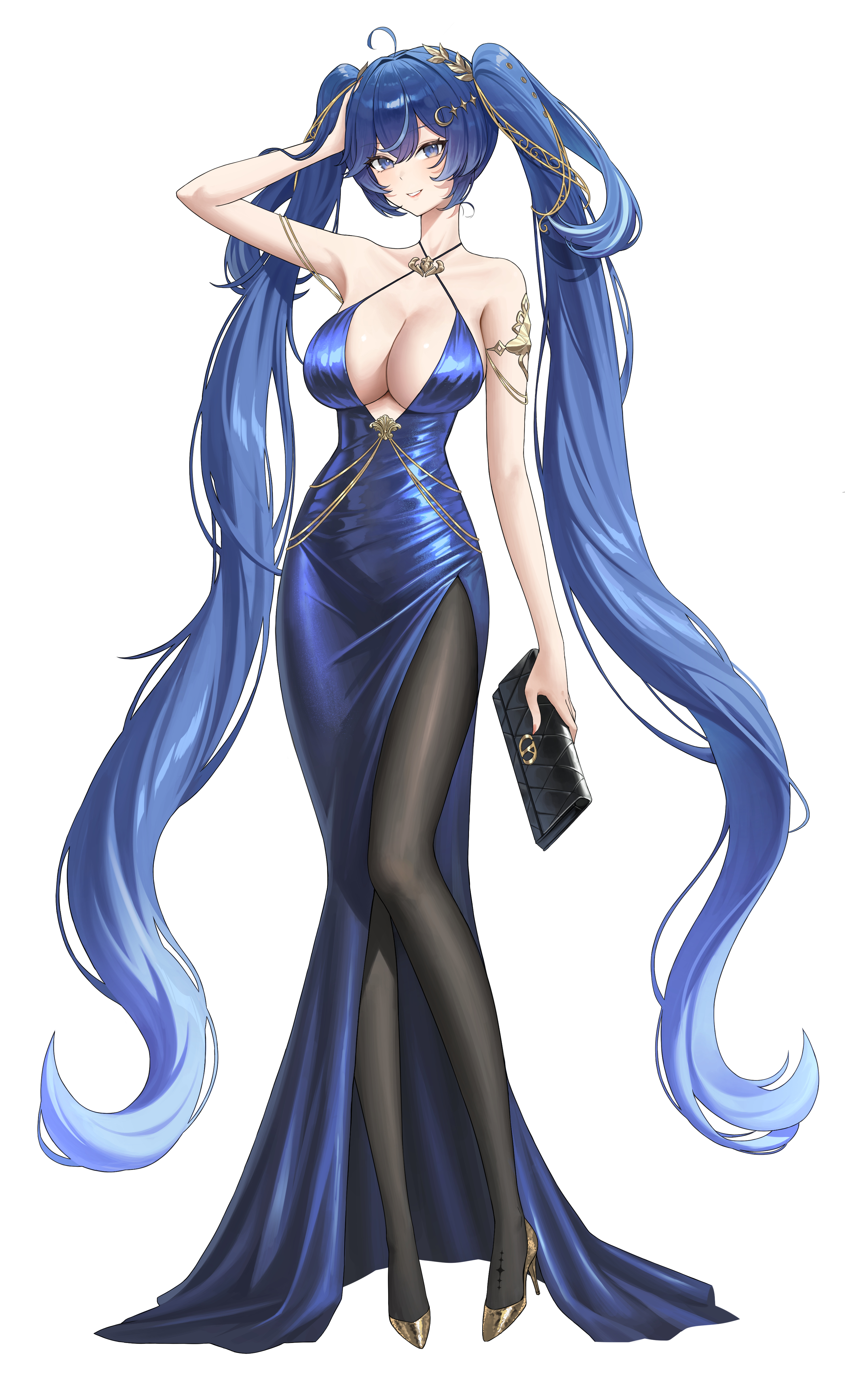 dang geun23283, iuno (wuthering waves), wuthering waves, absurdres, commentary request, highres, korean commentary, 1girl, ahoge, alternate breast size (larger), alternate costume, armlet, bag, bare shoulders, black bag, black pantyhose, blue dress, blue eyes, blue hair, breasts, cleavage, clutch purse, collarbone, criss-cross halter, dress, full body, gold shoes, gradient hair, hair between eyes, halterneck, hand on own head, handbag, high heels, holding, holding bag, jewelry, large breasts, laurel crown, light blush, long dress, long hair, long legs, looking at viewer, multicolored hair, pantyhose, parted lips, shoes, smile, solo, streaked hair, tacet mark (wuthering waves), twintails, very long hair