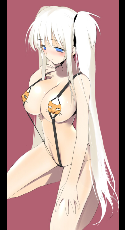 ui (kirin), nao (mabinogi), mabinogi, bad id, bad pixiv id, 1girl, blue eyes, blush, breasts, female focus, huge breasts, kneeling, long hair, slingshot swimsuit, solo, swimsuit, twintails, very long hair, white hair