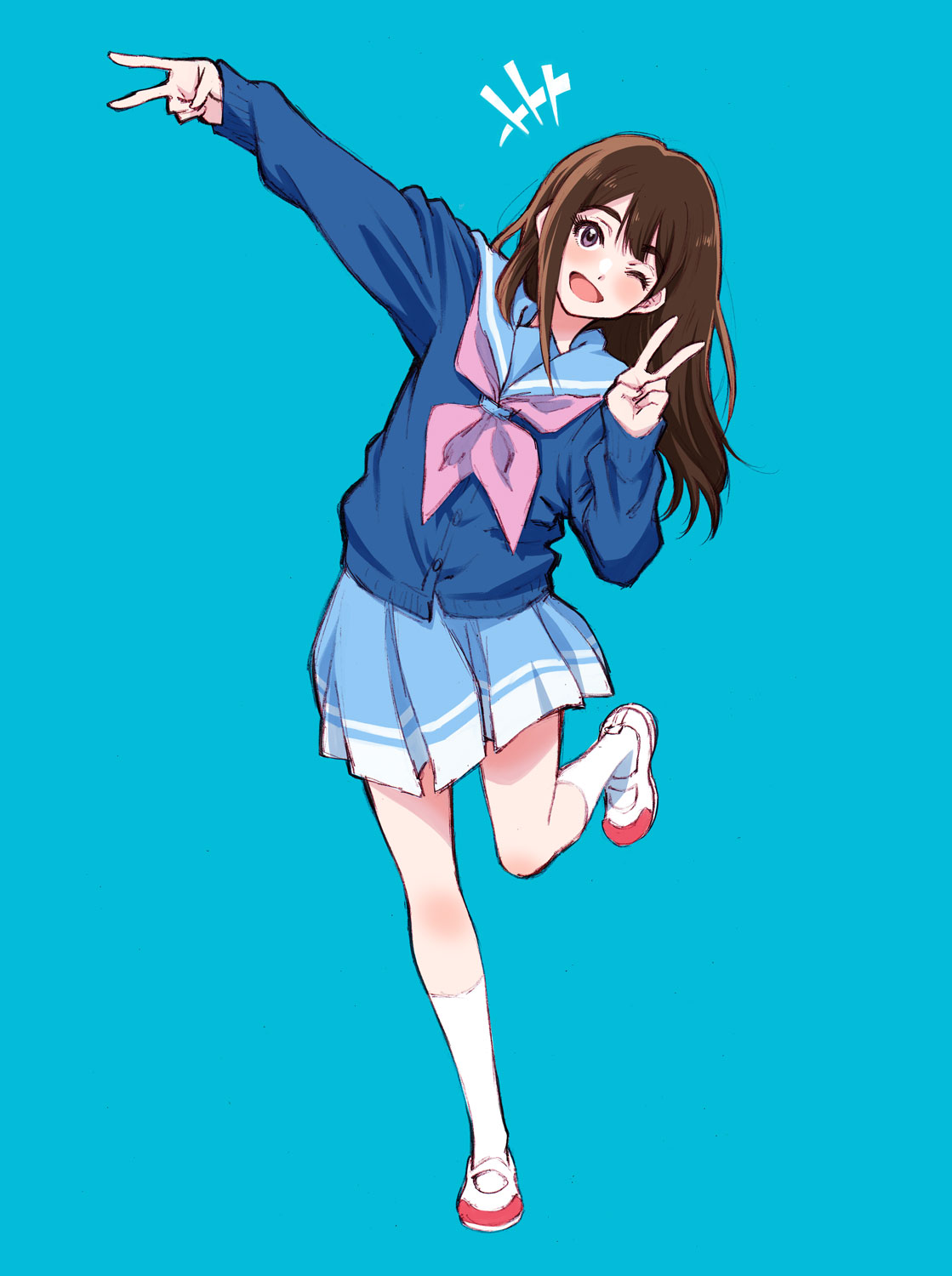 kotomozou, inoue junna, hibike! euphonium, highres, 1girl, blue background, blue cardigan, blue sailor collar, blue skirt, blush, breasts, brown hair, cardigan, double v, kitauji high school uniform, kneehighs, long hair, looking at viewer, neckerchief, one eye closed, open mouth, pink neckerchief, pleated skirt, purple eyes, sailor collar, school uniform, serafuku, shoes, simple background, skirt, smile, socks, solo, v, white socks