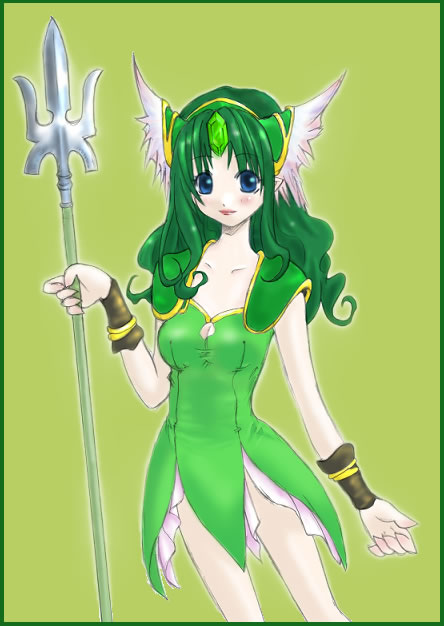 rainbowbreed, riesz, tina branford, final fantasy, final fantasy vi, seiken densetsu, seiken densetsu 3, 1girl, blue eyes, cosplay, female focus, green background, green hair, green theme, long hair, pointy ears, polearm, riesz (cosplay), solo, spear, staff, weapon