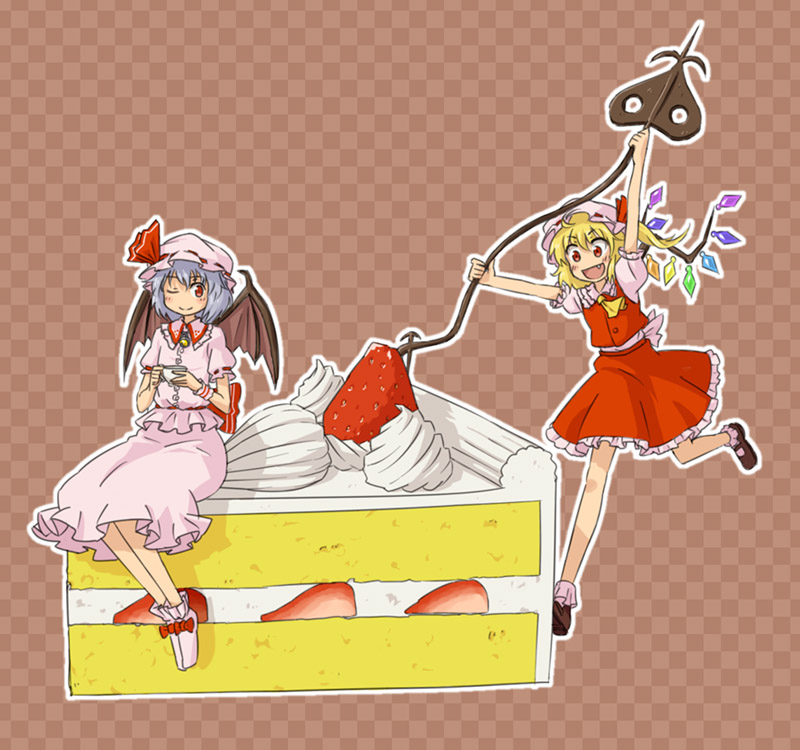 kannari, flandre scarlet, remilia scarlet, touhou, 2girls, bat wings, blonde hair, blue hair, bonnet, cake, cup, female focus, food, fruit, hat, in food, laevatein, mini person, minigirl, mob cap, multiple girls, one eye closed, one side up, pastry, red eyes, ribbon, short hair, siblings, side ponytail, sisters, sitting, skirt, strawberry, tea, teacup, wings, wink