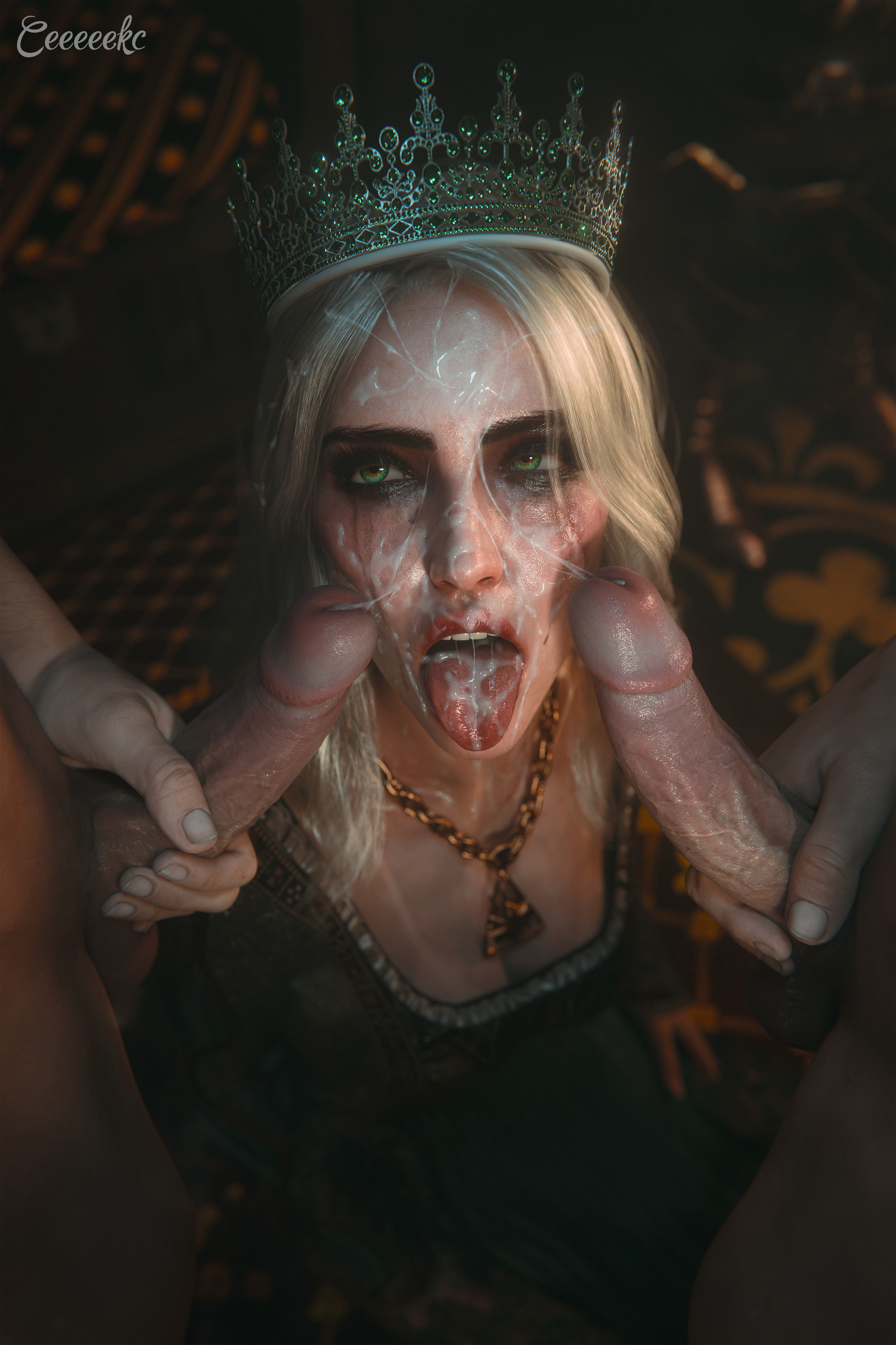 ceeeeekc, ciri, the witcher (series), absurdres, highres, 1girl, 2boys, 3d, after fellatio, after masturbation, artist name, black dress, black eyeliner, breasts, bukkake, chain, chain necklace, clothed female nude male, crown, cum, cum in mouth, cum on body, cum on hair, cum on tongue, cum string, dress, ejaculation, erection, eyeliner, eyeshadow, facial, gold necklace, green eyes, group sex, head out of frame, hetero, jewelry, kneeling, long hair, long sleeves, makeup, multiple boys, necklace, nude, open mouth, parted bangs, penis, queen, red lips, runny makeup, standing, white hair