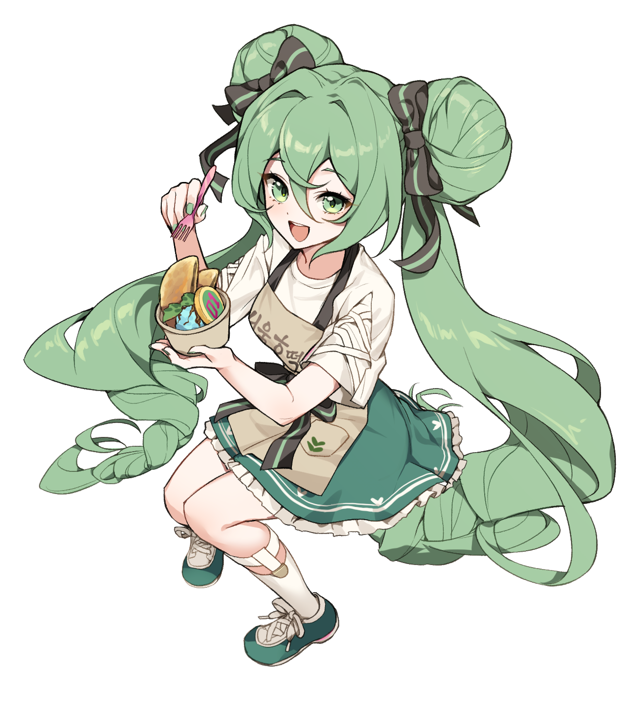 cika k, hatsune miku, vocaloid, commentary, food request, highres, 1girl, absurdly long hair, apron, bowl, brown apron, double-parted bangs, double bun, food, fork, from above, full body, green eyes, green hair, green nails, green shoes, green skirt, hair between eyes, hair bun, hands up, holding, holding bowl, holding fork, invisible chair, kneehighs, long bangs, long hair, looking at viewer, looking up, nail polish, open mouth, shirt, shoes, simple background, sitting, skirt, smile, socks, solo, t-shirt, twintails, very long hair, white background, white shirt, white socks