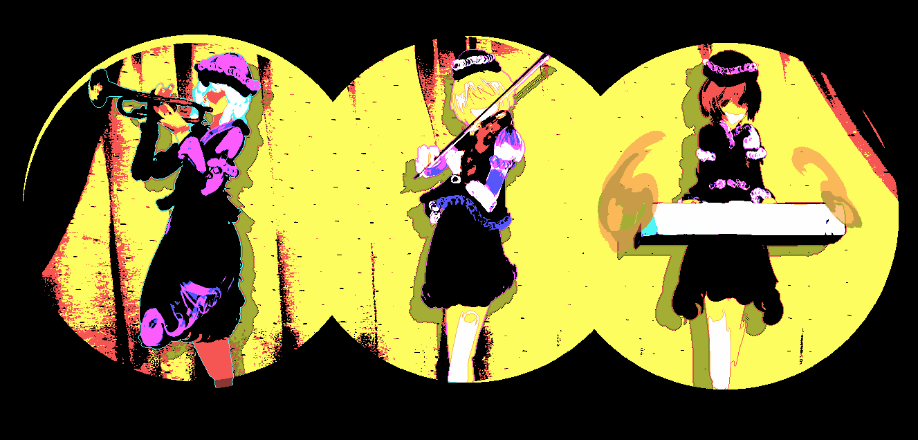 yoshioka yoshiko, lunasa prismriver, lyrica prismriver, merlin prismriver, touhou, 3girls, female focus, instrument, keyboard (instrument), multiple girls, siblings, sisters, trumpet, violin