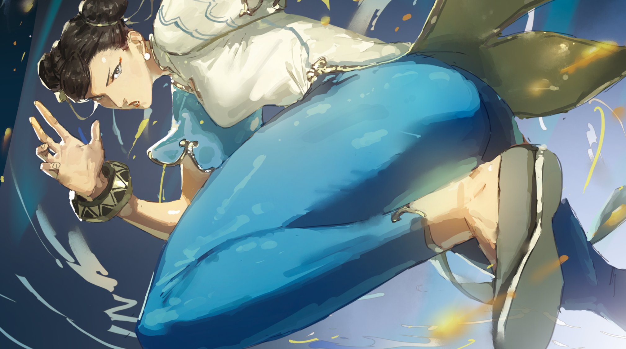 chun-li, capcom, street fighter, commentary request, concept art, highres, official art, 1girl, black eyes, black hair, blue pants, bracelet, china dress, chinese clothes, double bun, dress, earrings, fighting stance, fukumori (capcom), hair bun, jewelry, looking at viewer, pants, shoe soles, solo, thighs, white dress