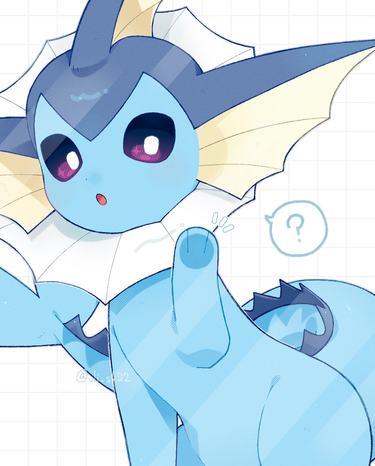 vli sk22, vaporeon, nintendo, pokemon, highres, ?, against glass, animal focus, blue eyes, blue fur, cetacean tail, fins, fish tail, forked tail, gen 1 pokemon, head fins, looking at viewer, no humans, open mouth, pokemon (creature), pokemon focus, purple eyes, simple background, solo, speech bubble, tail, white background
