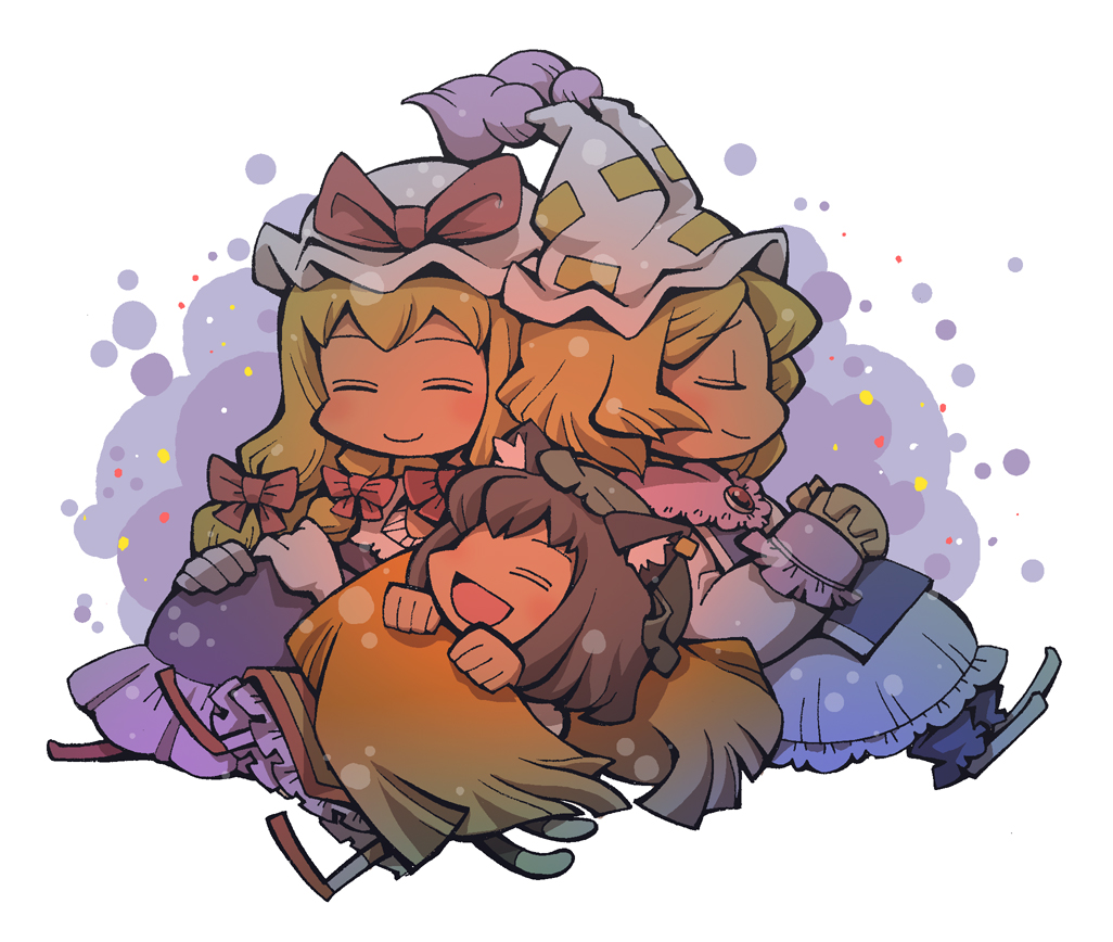 hounori, chen, yakumo ran, yakumo yukari, touhou, 3girls, animal ears, animal hat, blonde hair, brown hair, cat ears, cat girl, cat tail, closed eyes, female focus, fox tail, happy, hat, long hair, long sleeves, mob cap, multiple girls, ribbon, shoes, short hair, sleeping, socks, tail, tassel