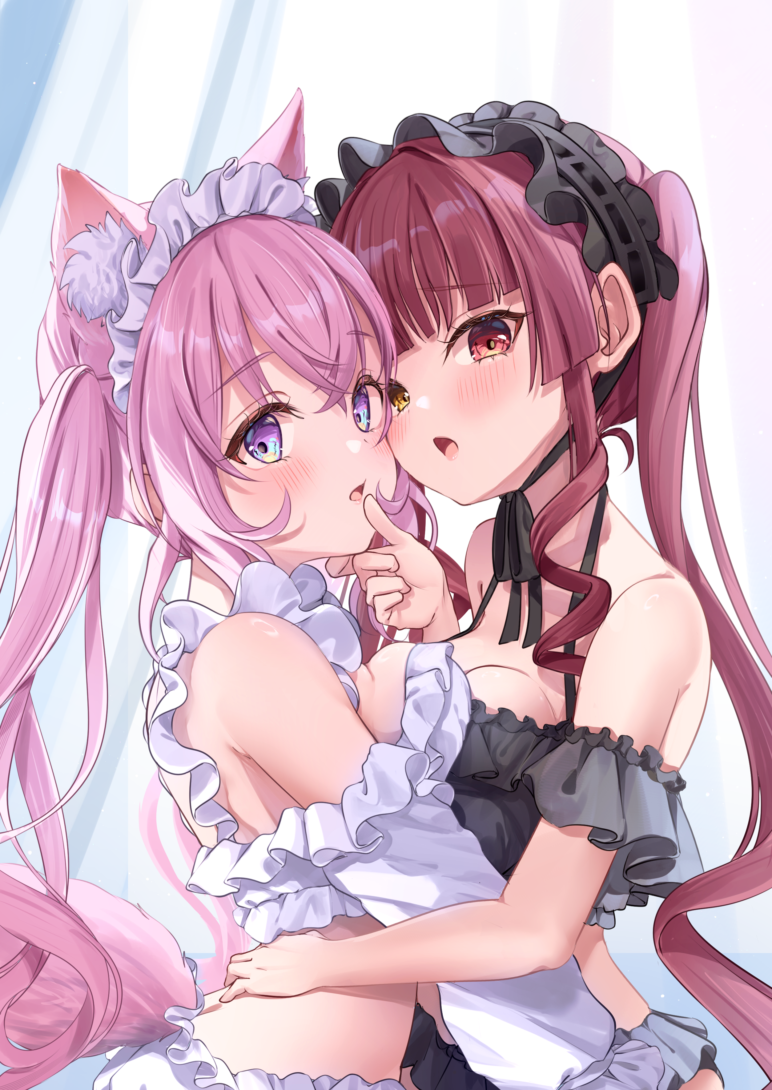 shagaihi, hakui koyori, houshou marine, hololive, 2girls, animal ear fluff, animal ears, arched back, arm around waist, asymmetrical docking, bare shoulders, black headdress, blue eyes, blunt bangs, blunt sidelocks, blush, breast press, breasts, cat ears, crop top, crossed bangs, drill hair, drill sidelocks, frilled headband, frills, from side, hair between eyes, halterneck, hand on another's chin, heads together, heterochromia, long hair, long sleeves, looking at viewer, looking to the side, medium breasts, multicolored eyes, multiple girls, open mouth, pink eyes, pink hair, pink tail, red eyes, red hair, sidelocks, tail, twintails, upper body, very long hair, virtual youtuber, white headdress, yellow eyes
