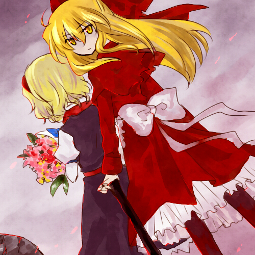 myama, alice margatroid, shanghai doll, touhou, bad id, bad pixiv id, lowres, 2girls, blonde hair, bouquet, bow, cloud, female focus, flower, grave, hair bow, hairband, long hair, multiple girls, pantyhose, plant, ribbon, short hair, sky, standing