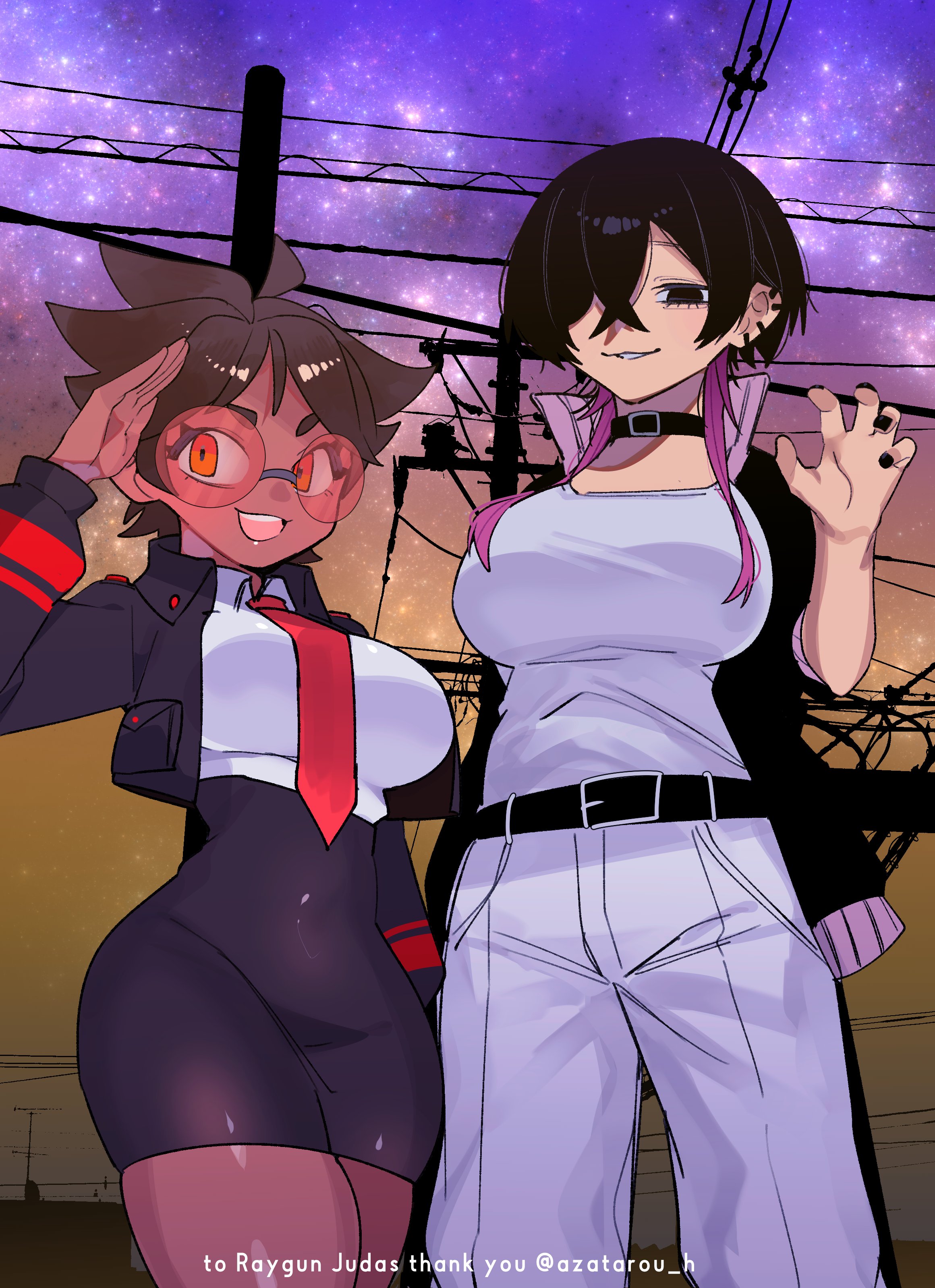 azatarou h, original, absurdres, commentary, highres, second-party source, 2girls, :d, artist name, belt collar, black bodysuit, black choker, black eyes, black hair, black jacket, black nails, bodysuit, bodysuit under clothes, borrowed character, breasts, brown hair, choker, claw pose, collar, collared shirt, commissioner name, cowboy shot, cropped jacket, crossed bangs, crossover, dark-skinned female, dark skin, ear piercing, glasses, gradient sky, hair over breasts, hair over one eye, hand up, height difference, jacket, jellyfish cut, large breasts, long hair, long sleeves, mila croix (enoch adonai), multiple girls, necktie, necktie overhang, open clothes, open jacket, open mouth, orange eyes, outdoors, pants, parted lips, piercing, power lines, purple hair, purple sky, red-tinted eyewear, red necktie, rororoji (enpi shima), round eyewear, salute, shirt, shirt tucked in, short hair, sky, smile, spiked hair, standing, star (sky), starry sky, tinted eyewear, tomboy, utility pole, white pants, white shirt, yellow sky