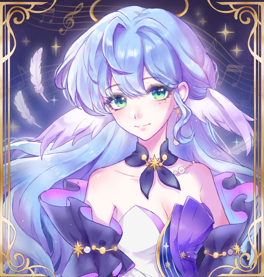 robin (honkai: star rail), honkai: star rail, honkai (series), 1girl, bare shoulders, blue hair, breasts, choker, cleavage, detached sleeves, dress, facial mark, feathers, green eyes, head wings, long hair, looking at viewer, musical note, musical staff, purple dress, shadowhhh, smile, solo, strapless, strapless dress, two-tone dress, upper body, very long hair, white dress, wings