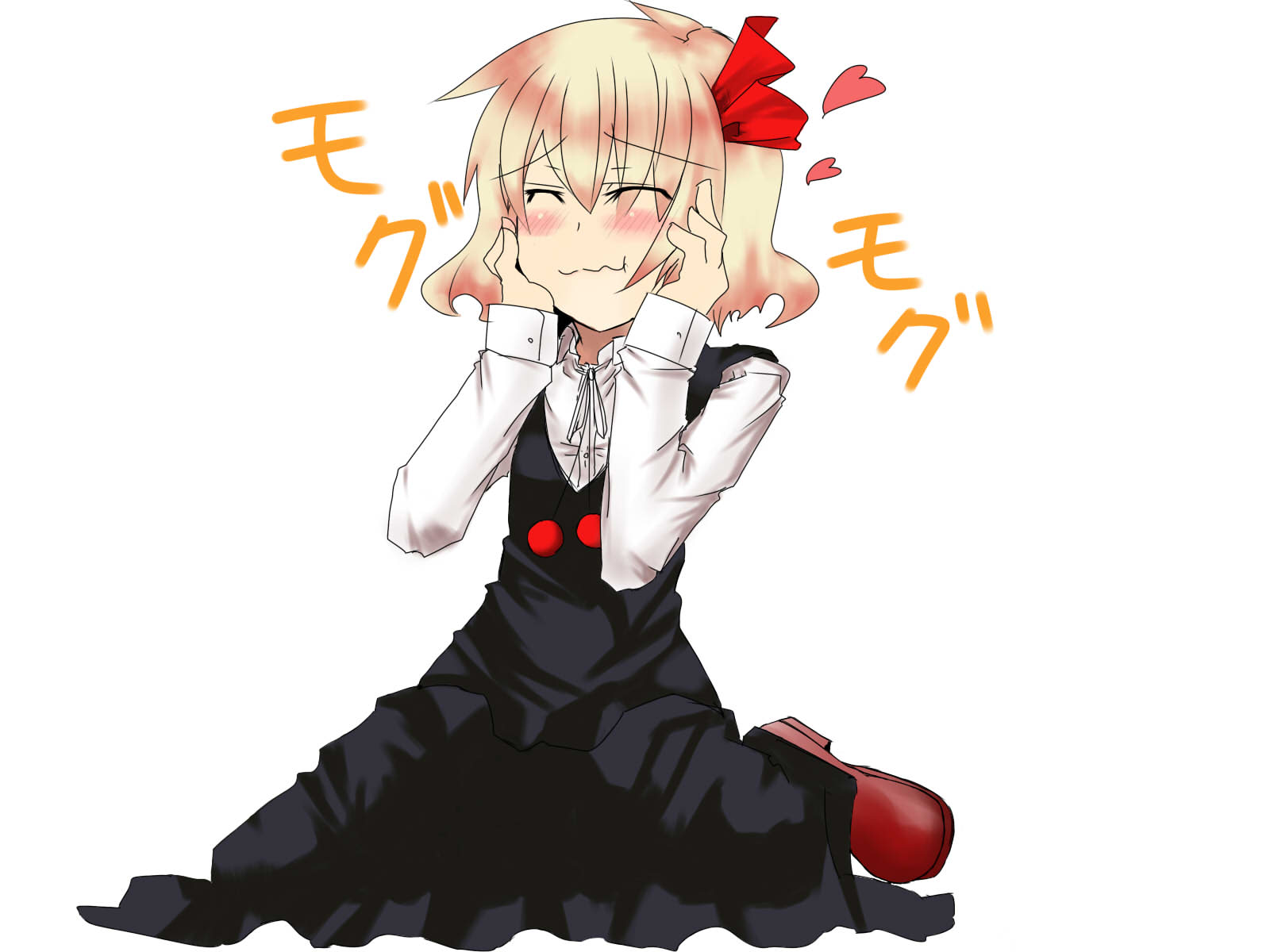 konro, shamo (koumakantv), rumia, embodiment of scarlet devil, touhou, bad id, bad pixiv id, highres, jpeg artifacts, 1girl, :t, blonde hair, blush, closed eyes, eating, female focus, foodgasm, hair ribbon, hands on own face, happy, kneeling, ribbon, short hair, simple background, sitting, solo, wavy mouth