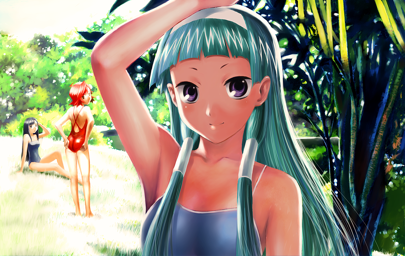 yusao, aoba tsugumi, nagi, zange, kannagi, 00s, 3girls, armpits, barefoot, hair tubes, multiple girls, one-piece swimsuit, siblings, sisters, swimsuit