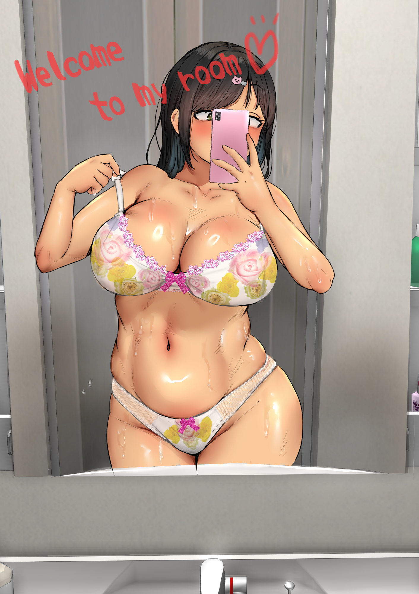 tamayacinema (artist), original, 1girl, black hair, blush, bra, bra pull, breasts, cellphone, cleavage, clothes pull, covering face, english text, floral print, floral print bra, green eyes, heart, holding, holding phone, large breasts, lingerie, long hair, mature female, mirror, mirror selfie, mirrored text, panties, phone, phone over face, plump, selfie, smartphone, solo, standing, sweat, underwear, white bra, white panties, wide hips