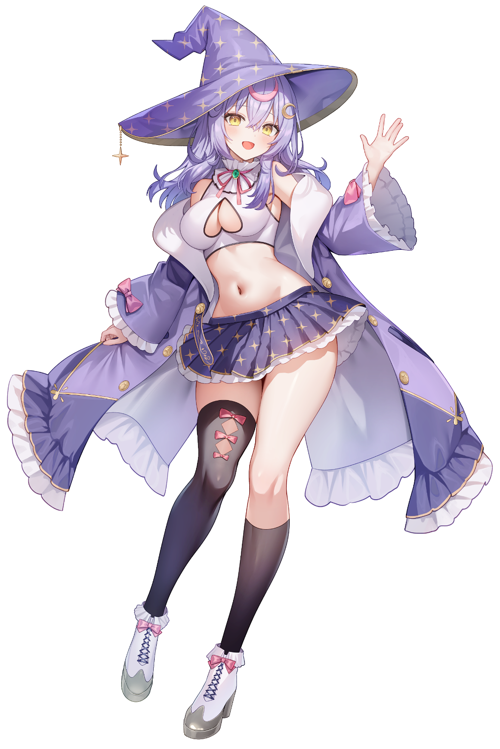 original, commentary request, commission, highres, skeb commission, 1girl, bare shoulders, black thighhighs, blush, bow, breasts, cleavage, full body, hair between eyes, hand up, hat, jacket, kneehighs, large breasts, long hair, long sleeves, looking at viewer, mocchiri290, navel, open mouth, pleated skirt, purple bow, purple hair, purple hat, purple jacket, purple skirt, red bow, shoes, simple background, single kneehigh, single sock, single thighhigh, skirt, socks, stomach, thighhighs, white background, white shoes, wide sleeves, witch hat, yellow eyes