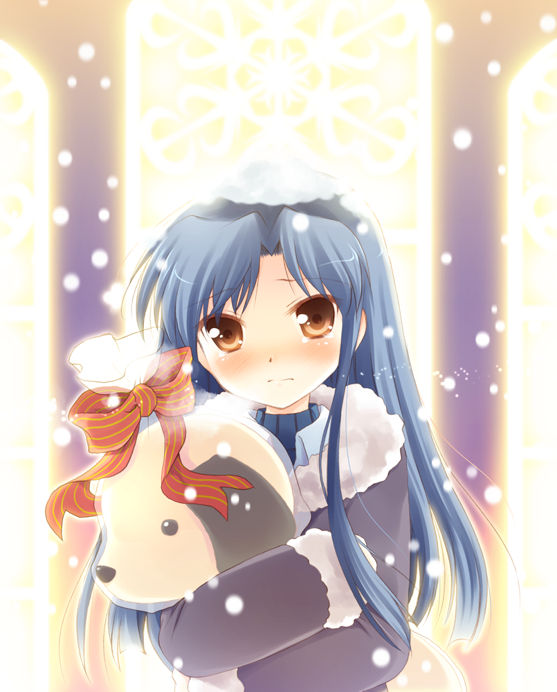 komi zumiko, kisaragi chihaya, idolmaster, idolmaster (classic), idolmaster 1, bad id, bad pixiv id, 00s, 1girl, blue hair, brown eyes, female focus, long hair, snow, solo, stuffed animal, stuffed toy, tears