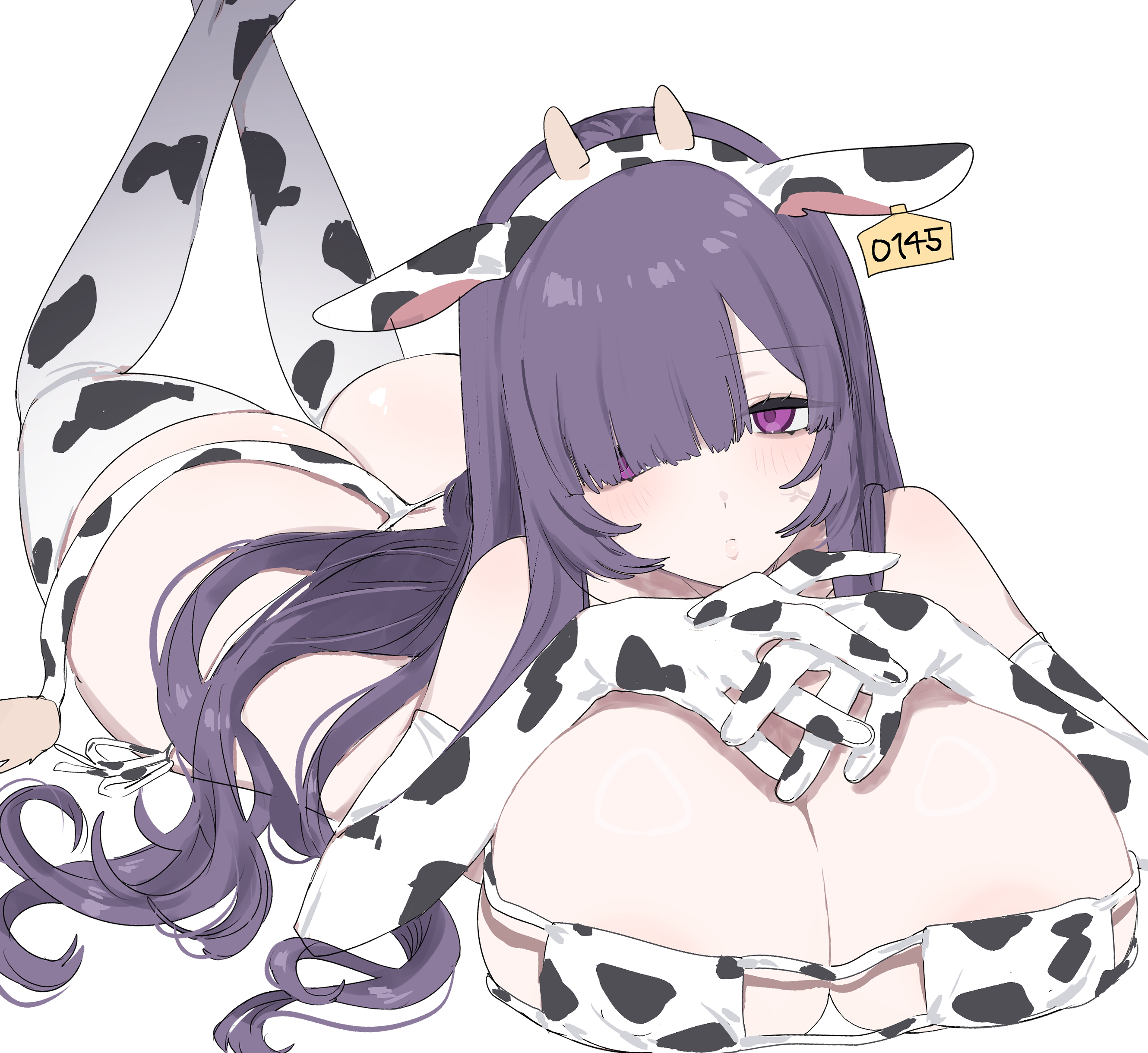 eurasia (wtp09ptw14), francoise (eurasia), original, absurdres, commentary request, highres, 1girl, animal ear hairband, animal ears, animal print, areola slip, bikini, blush, breasts, closed mouth, cow ear hairband, cow ears, cow horns, cow print, cow print bikini, cow print gloves, cow print thighhighs, cow tail, ear tag, elbow gloves, eyepatch bikini, fake animal ears, fake horns, fake tail, full body, gloves, hair over one eye, hairband, horns, huge breasts, long bangs, long hair, looking at viewer, lying, on stomach, own hands together, parted bangs, print bikini, print gloves, print thighhighs, purple eyes, purple hair, simple background, solo, swimsuit, tail, thighhighs, white background