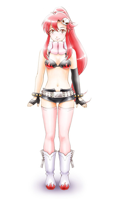 leica (leica xx), yoko littner, tengen toppa gurren lagann, bad id, bad pixiv id, 00s, belt, bikini, bikini top only, boots, elbow gloves, fingerless gloves, gloves, hair ornament, midriff, pink thighhighs, ponytail, scarf, shorts, solo, swimsuit, thighhighs