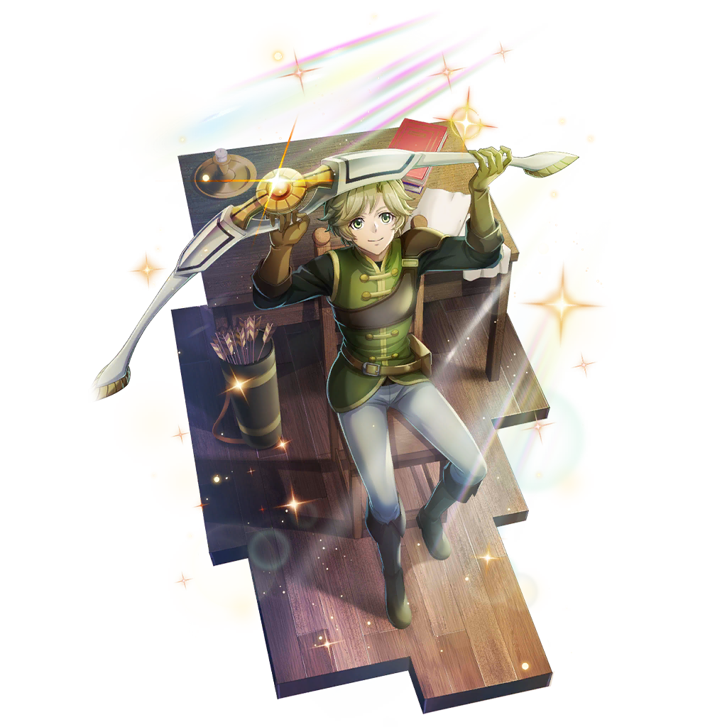 kawasumi itsuki, tate no yuusha no nariagari, tate no yuusha no nariagari rerise, artist request, game cg, official art, 1boy, armor, arrow (projectile), belt, belt pouch, black shirt, blonde hair, book, book stack, boots, bow (weapon), brown belt, brown boots, brown gloves, candlestand, chair, closed mouth, elbow gloves, full body, gloves, green eyes, green shirt, high collar, holding, holding bow (weapon), holding weapon, knee boots, layered shirt, leather armor, legendary bow (small bow) (tate no yuusha no nariagari), legendary bow (tate no yuusha no nariagari), long sleeves, looking at object, looking up, male focus, messy hair, muneate, official alternate costume, on chair, pants, pauldrons, pouch, quiver, shirt, short hair, shoulder armor, sidelocks, simple background, single pauldron, sitting, sleeveless, sleeveless shirt, smile, solo, table, transparent background, turtleneck, turtleneck shirt, weapon, white pants, wooden chair, wooden floor, wooden table