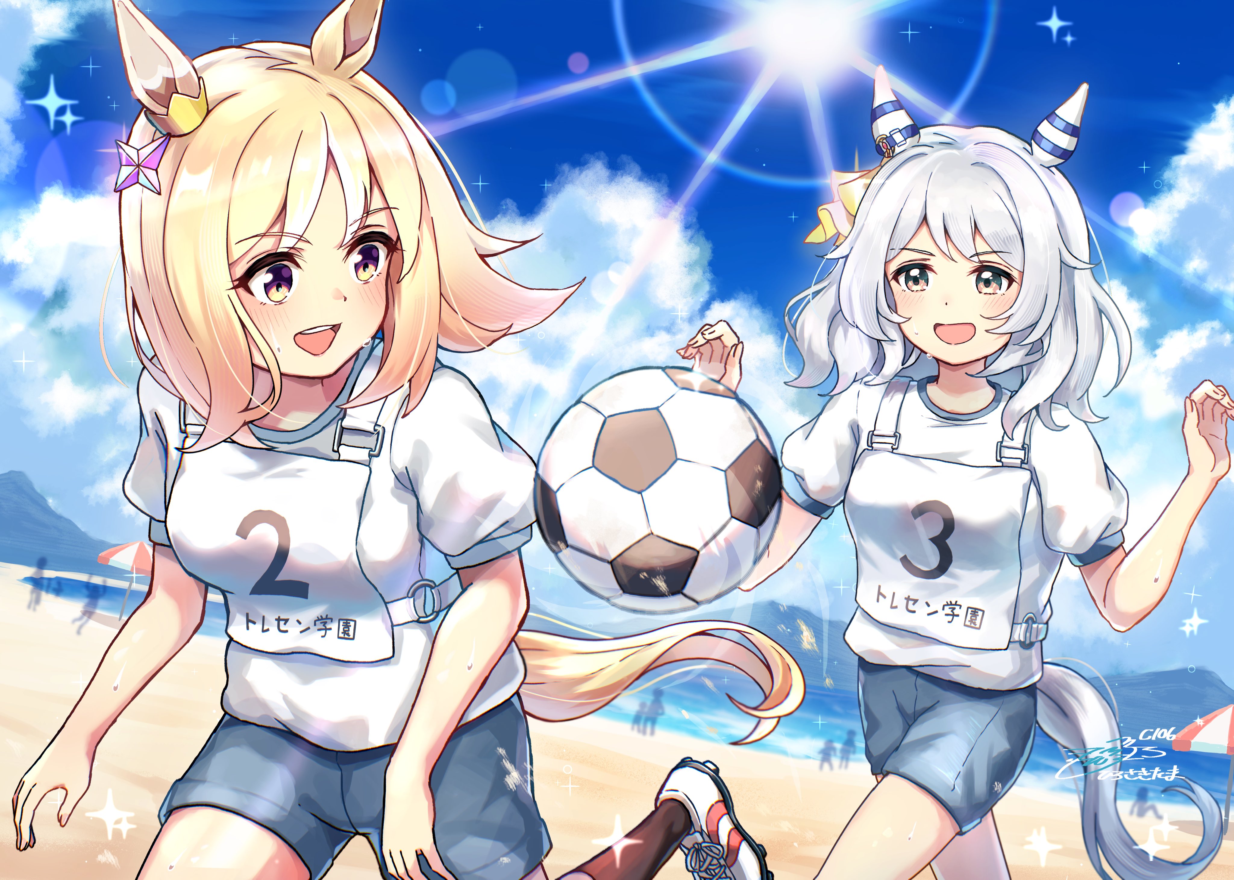 days, hiro5000 tama, hishi miracle (umamusume), narita top road (umamusume), umamusume, absurdres, highres, 2girls, animal ears, ball, beach, black socks, blonde hair, blue shorts, blue sky, blush, breasts, brown eyes, cleats, cloud, ear covers, ear ornament, grey hair, hair ornament, horse ears, horse girl, horse tail, medium hair, multiple girls, multiple others, ocean, open mouth, outdoors, purple eyes, race bib, shirt, shoes, short hair, short sleeves, shorts, single ear cover, sky, smile, soccer, soccer ball, socks, sun, tail, umbrella, water, white shirt