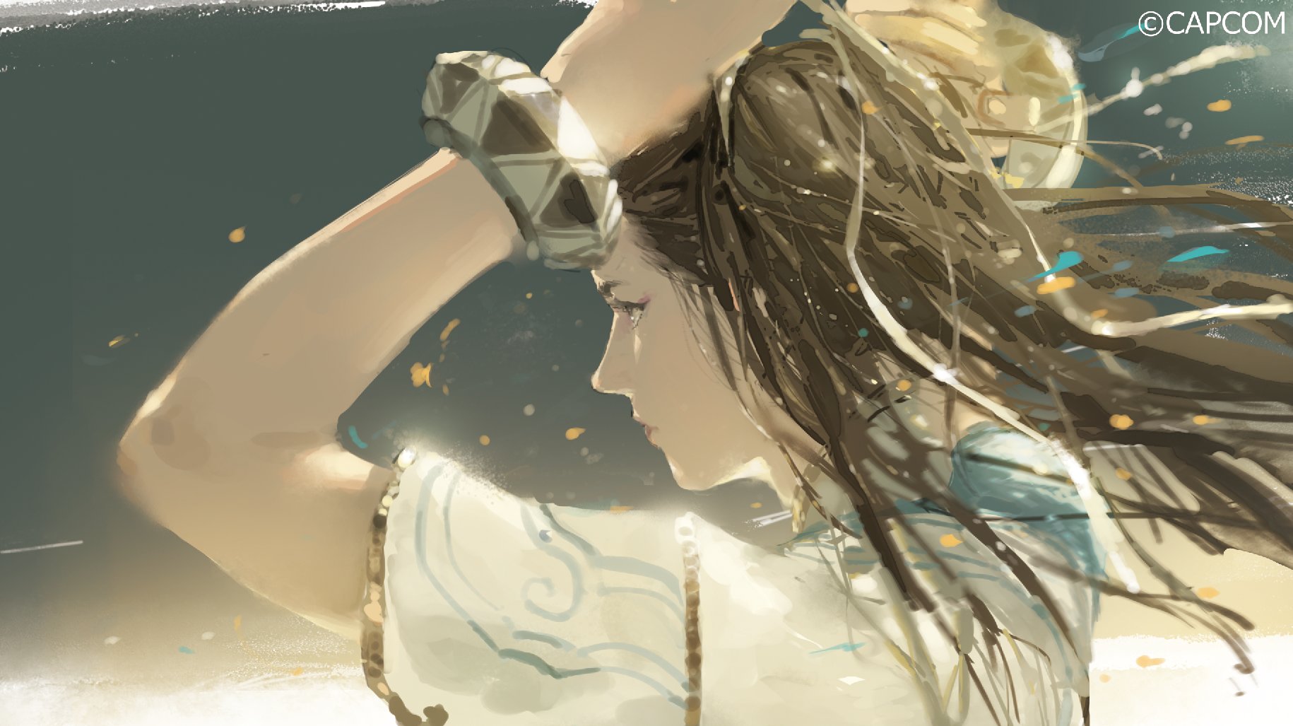 chun-li, capcom, street fighter, commentary, concept art, highres, official art, 1girl, adjusting hair, arms up, bracelet, floating hair, from behind, fukumori (capcom), jewelry, long hair, looking to the side, serious, solo