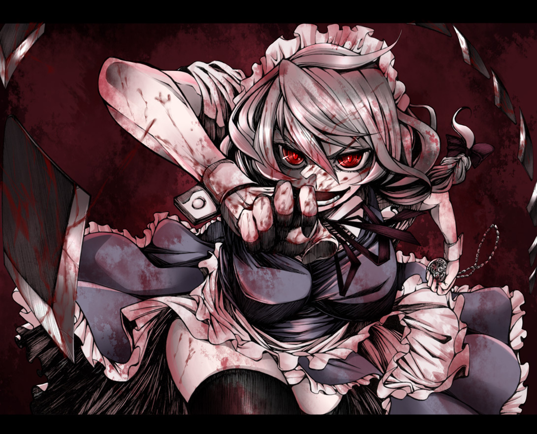 shimo (depthbomb), uousa-ou, izayoi sakuya, embodiment of scarlet devil, touhou, silver hair, colorized, 1girl, black thighhighs, blood, braid, breasts, female focus, grin, large breasts, maid, panties, pocket watch, red eyes, smile, solo, thighhighs, twin braids, underwear, watch, white panties, zettai ryouiki
