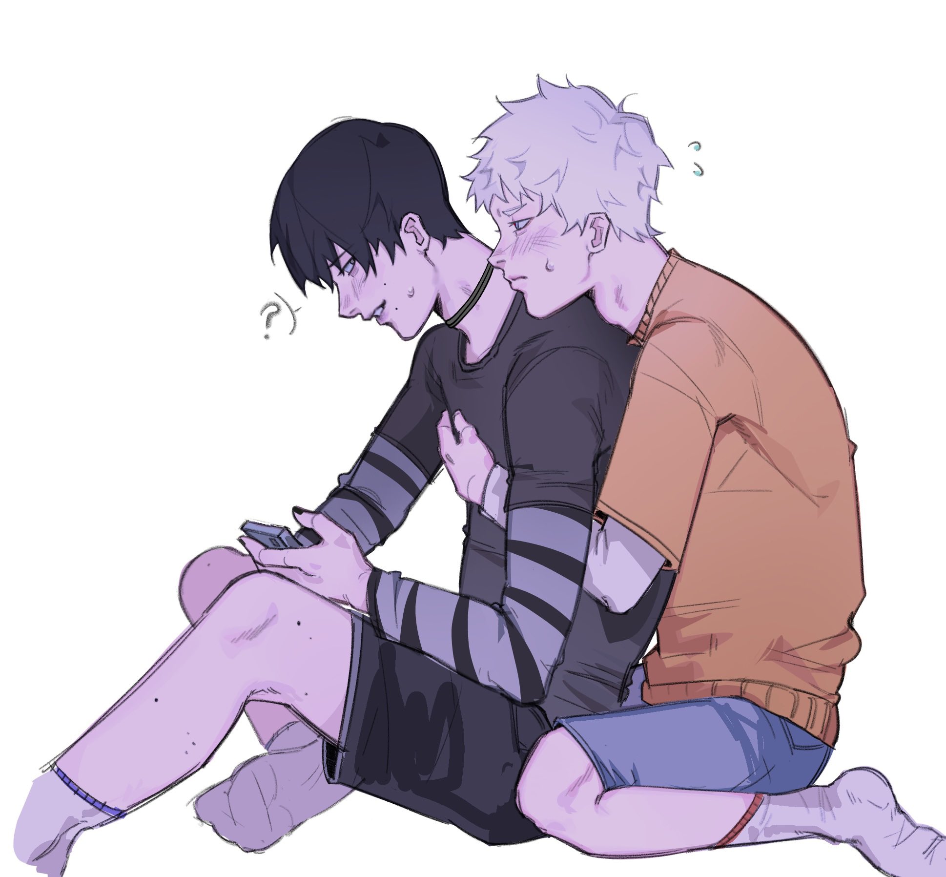 indou hikaru, tsujinaka yoshiki, hikaru ga shinda natsu, commentary, english commentary, highres, 2boys, ?, black hair, black nails, black shorts, blush, closed mouth, hikarusphlatass, long sleeves, looking at another, male focus, mole, mole on cheek, mole on leg, mole under mouth, multiple boys, multiple moles, short hair, shorts, simple background, socks, spoken question mark, white background, white hair, white socks