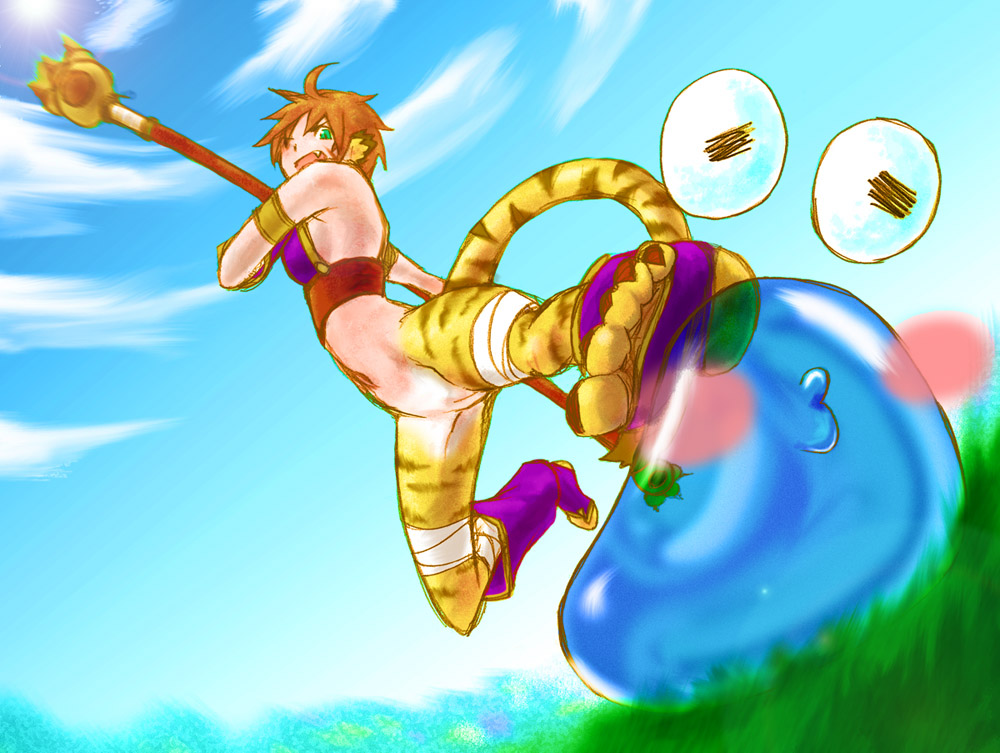 katt (breath of fire), breath of fire, breath of fire ii, slime, 1girl, animal ears, armpits, breasts, cat ears, cat tail, cloud, fang, female focus, full body, monster girl, navel, one eye closed, outdoors, plant, pussy, red hair, sky, smile, solo, spread legs, staff, tail, uncensored, wink