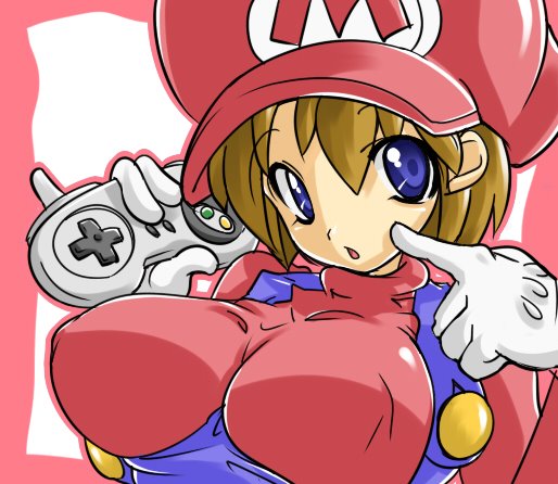 chris (mario), mario, mario (series), nintendo, super famicom, 1girl, blue eyes, blue overalls, breasts, brown hair, controller, covered erect nipples, female focus, game console, game controller, genderswap, genderswap (mtf), gloves, hat, holding, holding controller, holding game controller, huge breasts, index finger raised, large breasts, long sleeves, looking at viewer, open mouth, overalls, pinky out, red hat, red shirt, shirt, short hair, solo, super famicom gamepad, super nintendo, upper body, white gloves