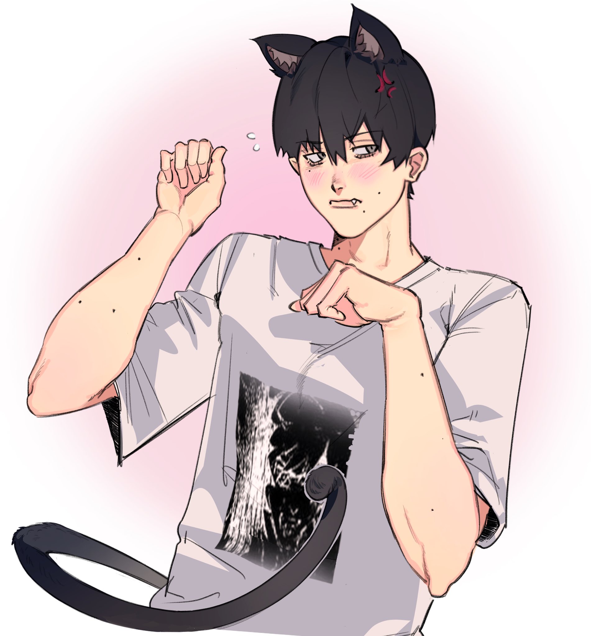 tsujinaka yoshiki, hikaru ga shinda natsu, commentary, english commentary, highres, 1boy, anger vein, animal ears, black hair, blush, cat boy, cat ears, cat tail, fang, hikarusphlatass, male focus, mole, mole on arm, mole on cheek, mole on neck, mole under eye, mole under mouth, multiple moles, paw pose, shirt, short hair, solo, tail, upper body, white shirt