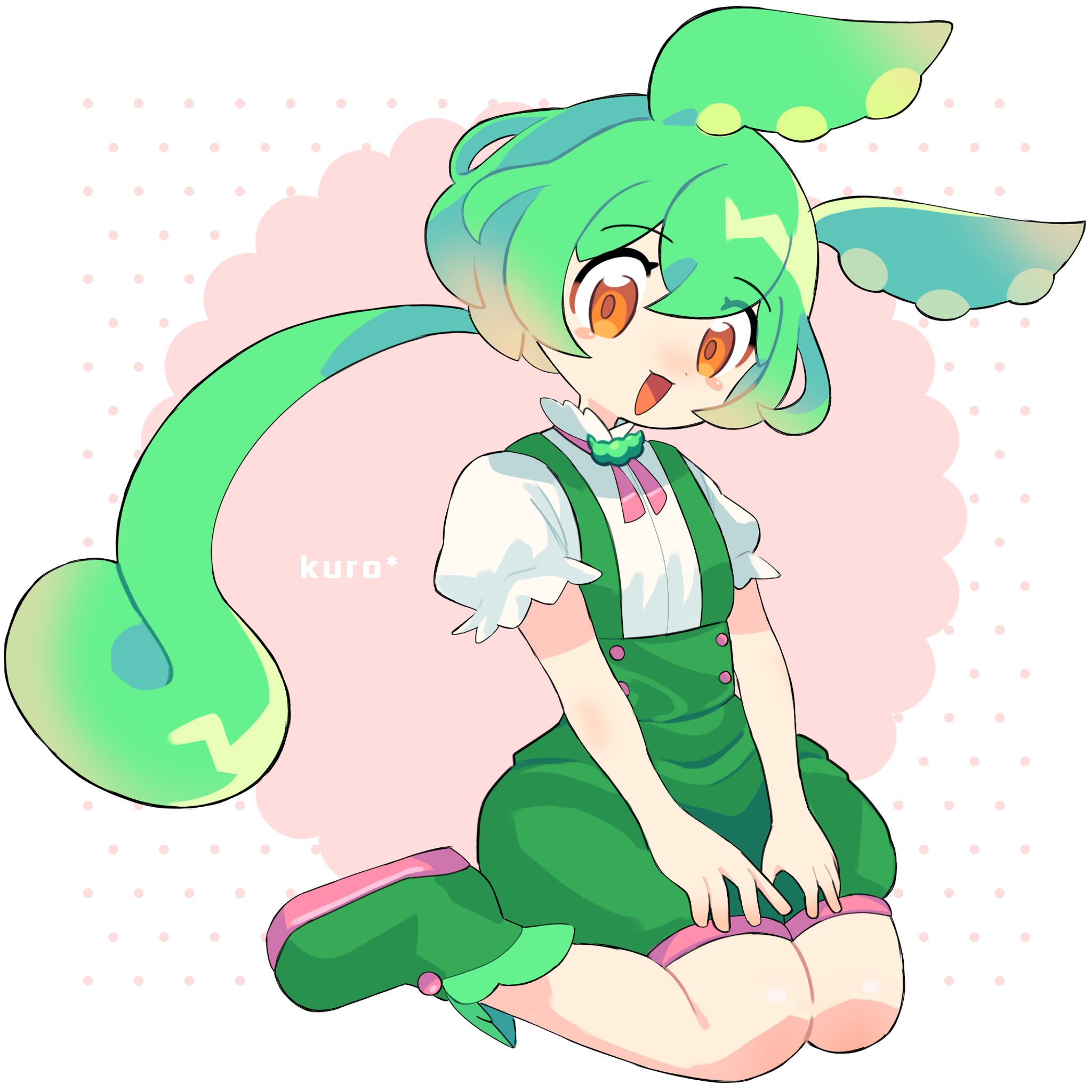 kuro (user uwrm3742), zundamon, voicevox, commentary, highres, 1girl, :3, animal ears, blush, boots, green boots, green hair, green shorts, green suspenders, hair between eyes, long hair, looking at viewer, low ponytail, open mouth, pea pod, ponytail, puffy short sleeves, puffy shorts, puffy sleeves, shirt, short sleeves, shorts, sitting, smile, solo, suspender shorts, suspenders, wariza, white shirt, yellow eyes