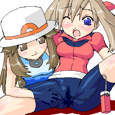 green (pokemon), may (pokemon), nintendo, pokemon, lowres, masturbation, pussy juice, sex toy, spandex, vibrator, yuri