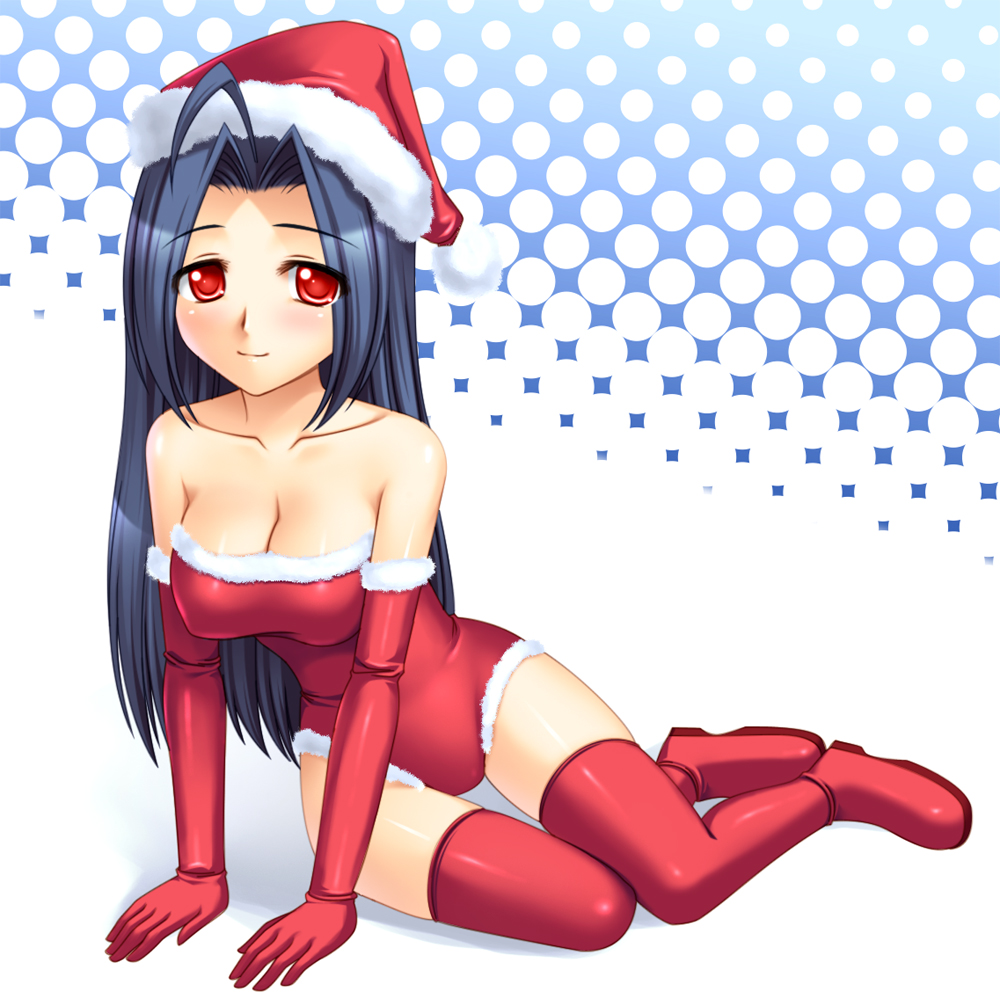 totokichi, miura azusa, idolmaster, idolmaster (classic), idolmaster 1, bad id, bad pixiv id, 00s, 1girl, blue hair, breasts, christmas, cleavage, elbow gloves, female focus, gloves, hat, long hair, medium breasts, red eyes, red gloves, santa costume, santa hat, solo, thighhighs
